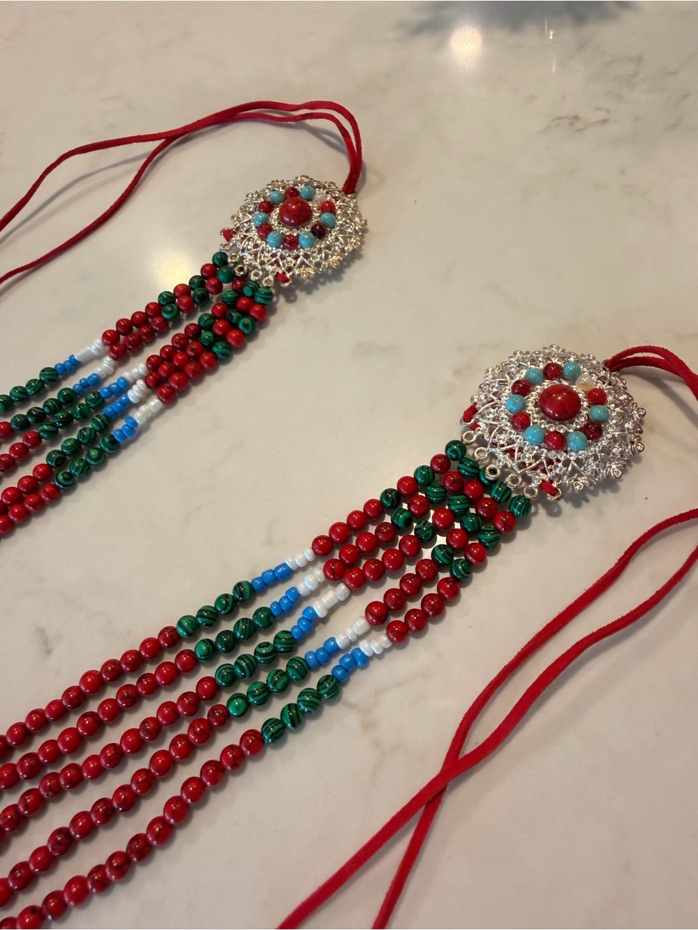 Handcrafted Red & Green Beaded Tassel Hair Accessory - Mongolian/Native